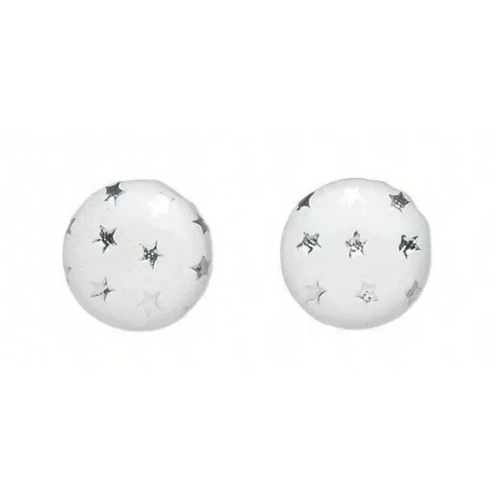 Vegan Faux Leather Round 15mm Button Post Earrings White w Silver Metallic Stars